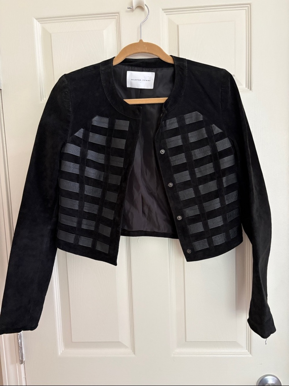 Selected/ Femme Black Suede Cropped Jacket with Textured Leather Paneling
